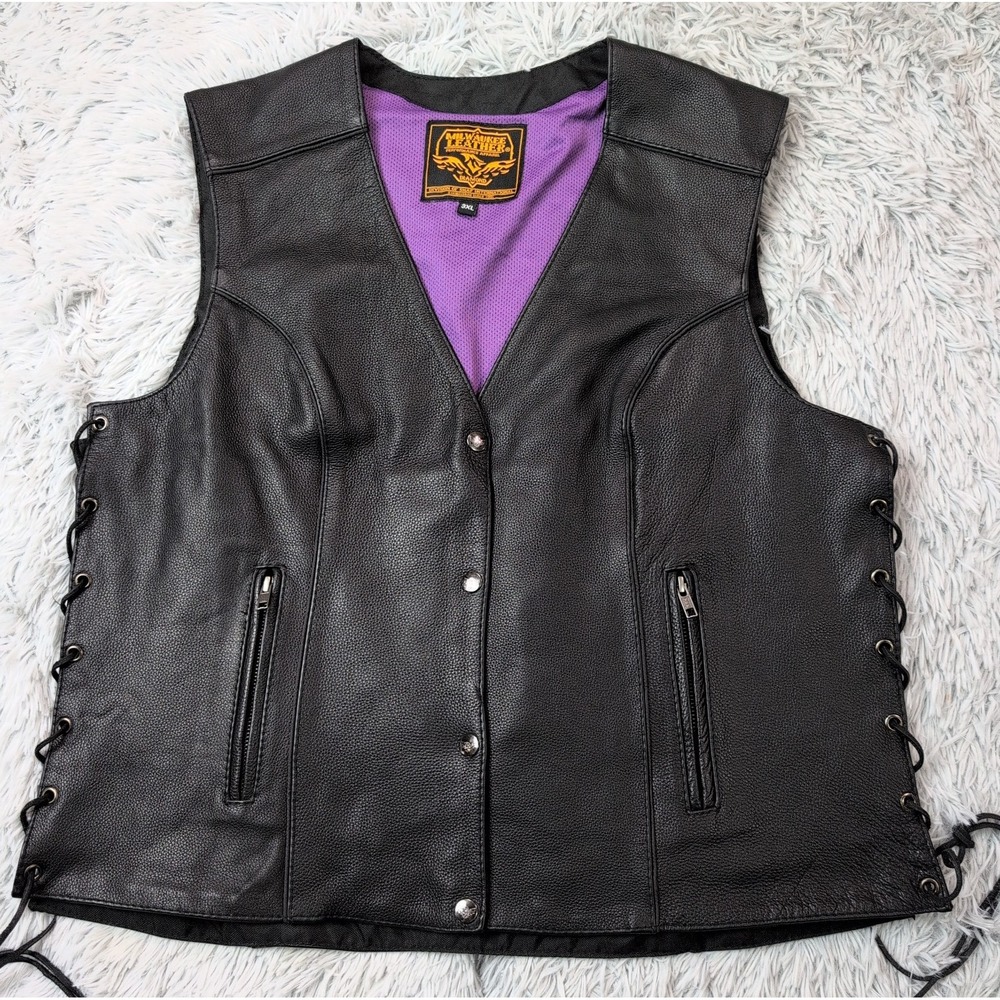 Milwaukee Leather Vest Womens 3XL Black Leather Snap Up Motorcycle Pockets